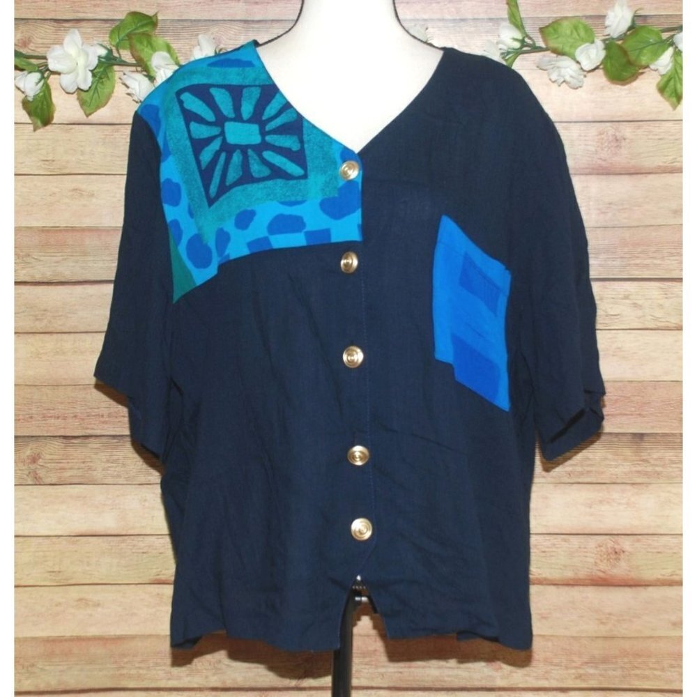 Vintage Sharon Anthony Women's Blue Button Up Blouse Size 22W Short Sleeve V-Nec